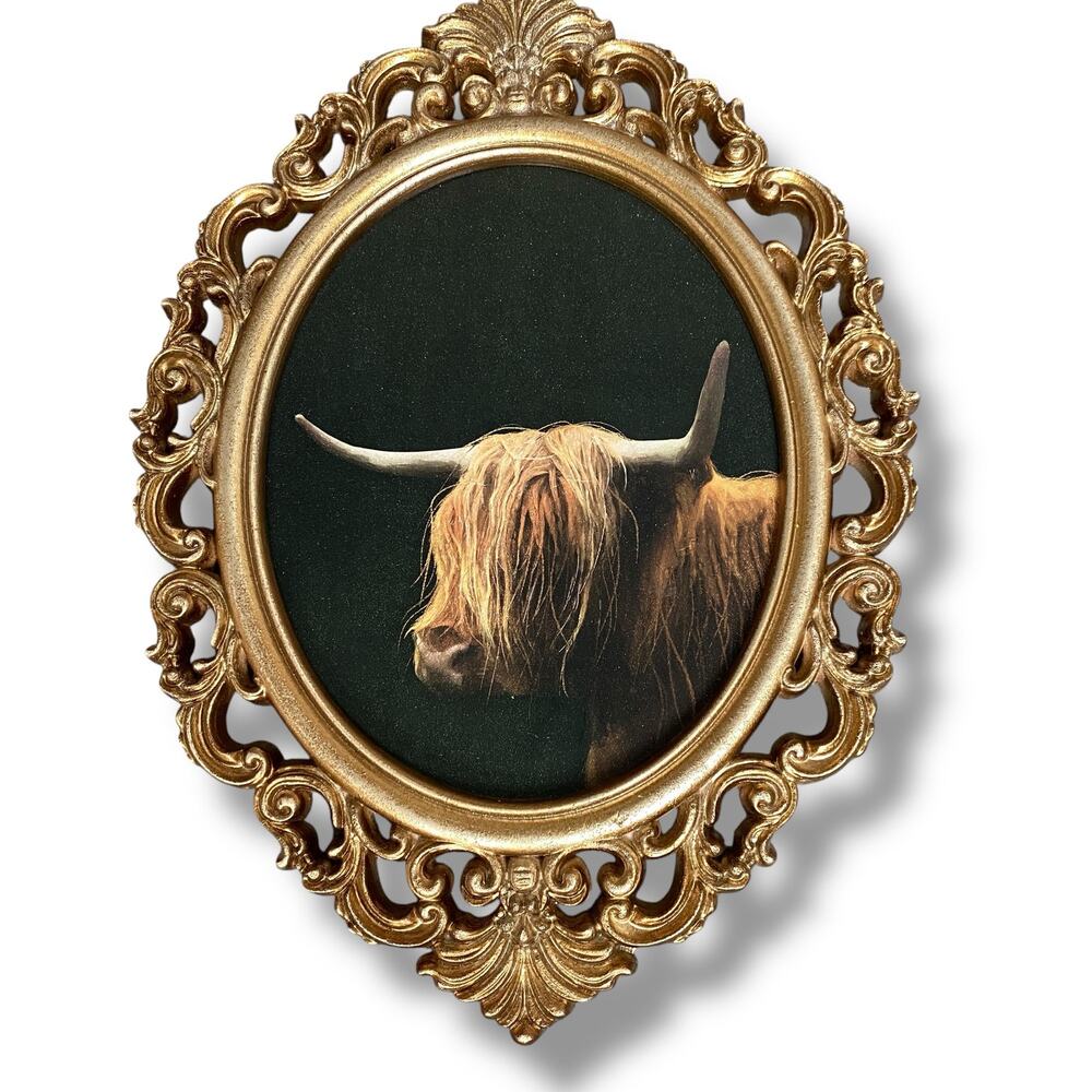 Highland Cow Portrait Wall Decor 2pc Set Painted Look Portraits Gold Frames - Picture 3 of 5